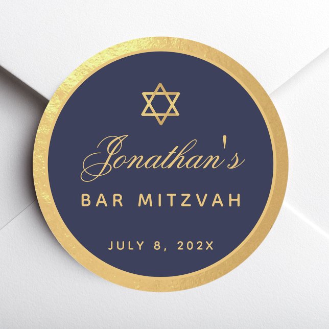 Bar Mitzvah Navy Blue Imitate Gold Elegantes Scrip Runder Aufkleber (Von Creator hochgeladen)