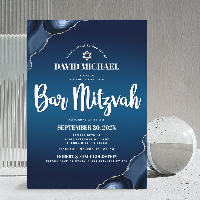 Bar Mitzvah Navy Blue Ombre Agate Modernes Skript Einladung (Von Creator hochgeladen)