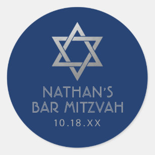 Bar Mitzvah Navy Blue & Silver Star von David Name Runder Aufkleber