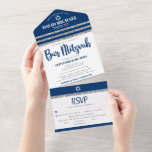 Bar Mitzvah Navy Blue Silver Tallit Modernes Scrip All In One Einladung<br><div class="desc">Seien Sie stolz, freuen Sie sich und präsentieren Sie diesen Meilenstein Ihres Lieblings-Bar Mitzvah! Versenden Sie diese coole, einzigartige, moderne, maßgeschneiderte All-in-One-Einladung für eine Veranstaltung, an die Sie sich erinnern können. Fett, marineblaue Schrift Typografie, Star of David und eine marineblau und Imitate silbergestreifte tallit inspirierte Grafik-Overlay einen einfachen, weißen Hintergrund....</div>