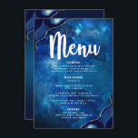 Bar Mitzvah Navy Galaxy Watercolor Agate Script Menükarte<br><div class="desc">Seien Sie stolz, freuen Sie sich und präsentieren Sie diesen Meilenstein Ihres Lieblings-Bar Mitzvah mit einer Feier, auf die Sie stolz sein können! Lassen Sie sich von dieser atemberaubenden, modernen Speisekarte mit Party verzaubern. Weiße Kalligraphie-Schrift, kühn weiße Typografie und stählerne, blau agate Felsen mit Imitaten silbernen Venen, die alle einen...</div>