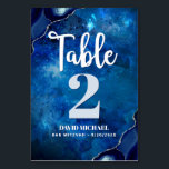 Bar Mitzvah Navy Galaxy Watercolor Agate Script Tischnummer<br><div class="desc">Kein Bar Mitzvah Party ist komplett ohne personalisierte Tischnummern. Lass deinem Sohn Stolz, Freude und feiere seinen Meilenstein in seinem perfekt koordinierten Party. Weiße Kalligraphie-Schrift, hellblau-graue und weiße Typografie und stählerne, blaue, agate Felsen mit Imitaten silbernen Adern überlagern einen tiefblauen galaxischen Aquarellhintergrund. Personalisieren Sie den benutzerdefinierten Text mit der Tischnummer,...</div>