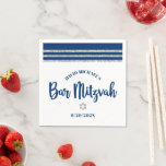 Bar Mitzvah Navy Silver Tallit Bold Script Minimal Serviette<br><div class="desc">Seien Sie stolz, freuen Sie sich und präsentieren Sie diesen Meilenstein Ihres Lieblings-Bar Mitzvah! Feiern Sie mit dieser coolen, einzigartigen, modernen Papierserviette. Fette, marineblaue Schriftzeichen, ein silberner Star von David und ein marineblau und Imitate silberfarbener Glitzer gestreift tallit inspirierte grafische Overlay ein einfacher, weißer Hintergrund. Personalisieren Sie den benutzerdefinierten Text...</div>