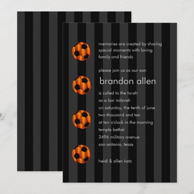 Bar Mitzvah Orange und Black Soccer Ball Einladung (Vorne/Hinten)