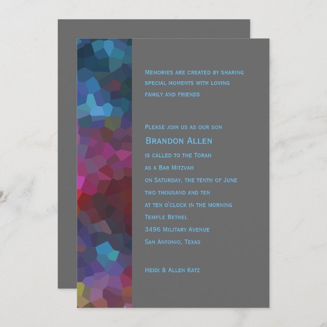 Bar Mitzvah Red Lila Blue Gray Abstract Design Einladung (Vorne/Hinten)
