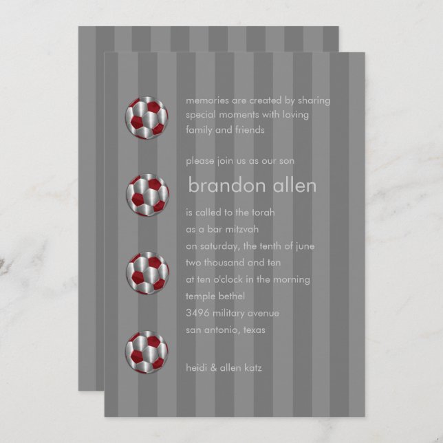 Bar Mitzvah Red und Silver Soccer Ball Einladung (Vorne/Hinten)