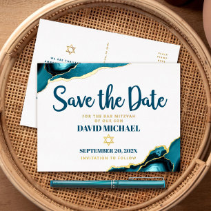 Bar Mitzvah Rett Datum Turquoise Agate Real Gold Folie Einladungspostkarte