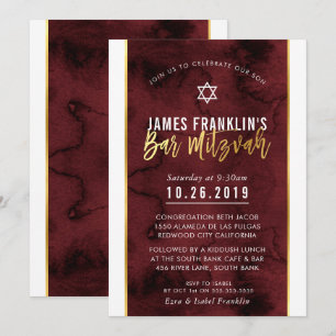 BAR MITZVAH Rotmaroon Aquarellgoldskript Einladung