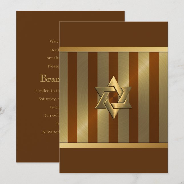 Bar Mitzvah Rust Gold Stripe Star von David Einladung (Vorne/Hinten)