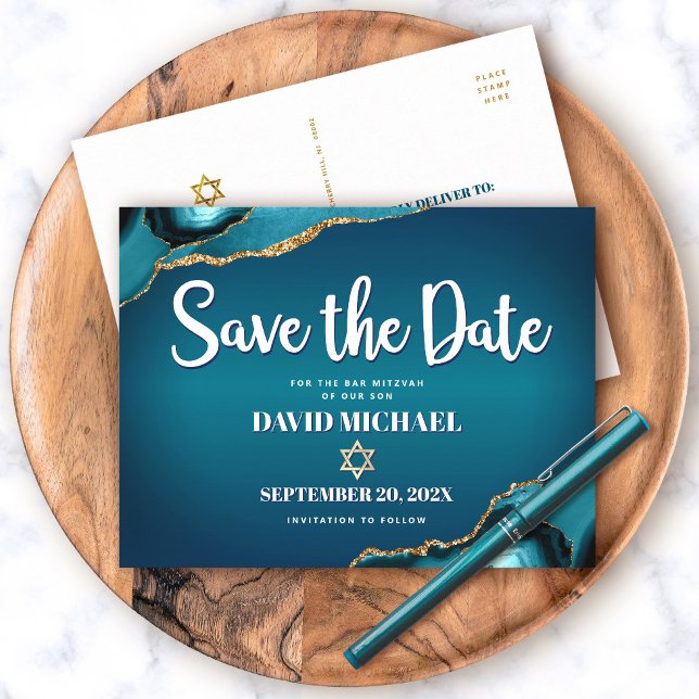 Bar Mitzvah Save the Date Aquamarin Ombre Agate Sc Einladungspostkarte (Von Creator hochgeladen)