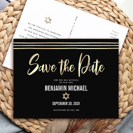 Bar Mitzvah Save the Date Black Gold Foil Script Einladungspostkarte