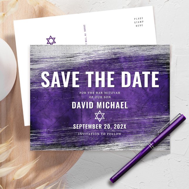 Bar Mitzvah Save the Date Lila Ombre Silver Foil Einladungspostkarte (Von Creator hochgeladen)