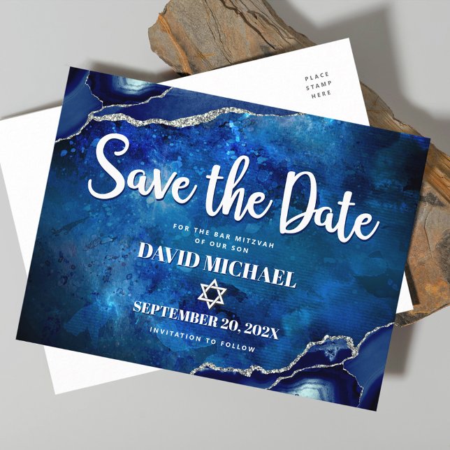 Bar Mitzvah Save the Date Marine Watercolor Agate Einladungspostkarte (Von Creator hochgeladen)