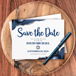 Bar Mitzvah Save the Date Navy Blue Agate Script Einladungspostkarte