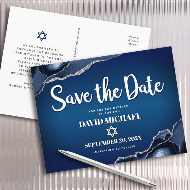 Bar Mitzvah Save the Date Navy Ombre Agate Script Einladungspostkarte (Von Creator hochgeladen)
