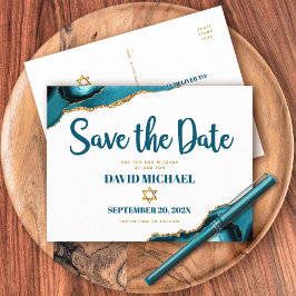 Bar Mitzvah Save the Date Türkis Agate Script Einladungspostkarte