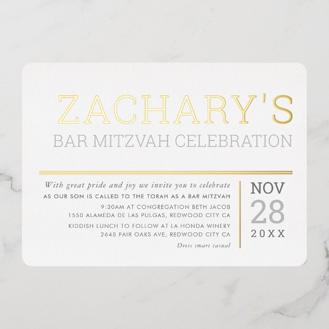 BAR MITZVAH, schlicht, modern, leicht, leicht grau Folieneinladung (Vorderseite)