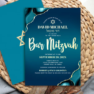 Bar Mitzvah Schrift Türkis Ombre Achat Echtgold Folieneinladung