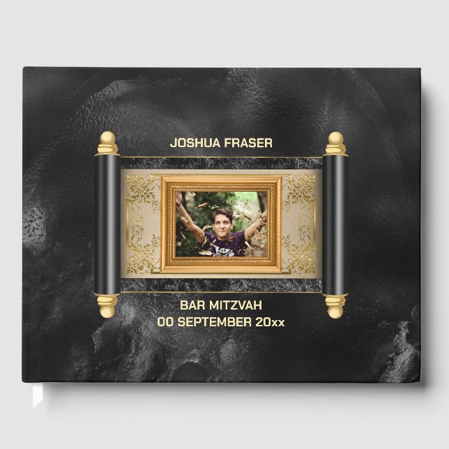 Bar mitzvah schwarzer Marmor Goldrolle elegantes F Gästebuch (Vorderseite)