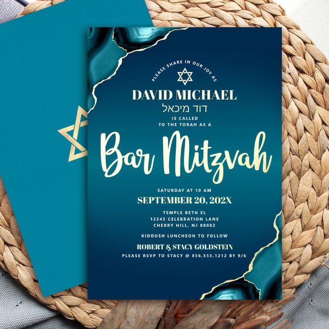 Bar Mitzvah Script Turquoise Ombre Agate Real Gold Folieneinladung (Von Creator hochgeladen)