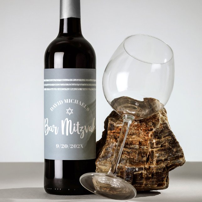 Bar Mitzvah Silver Gray Tallit Bold Script Modern Weinetikett (Von Creator hochgeladen)