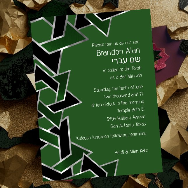 Bar Mitzvah Silver Green Black Star von David Einladung (Von Creator hochgeladen)