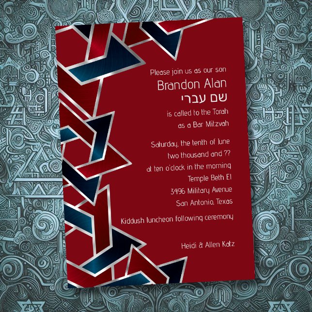 Bar Mitzvah Silver Navy Blue Red Star of David Einladung (Von Creator hochgeladen)
