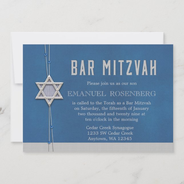 Bar Mitzvah Silver Star Blue Beads Einladung (Vorderseite)