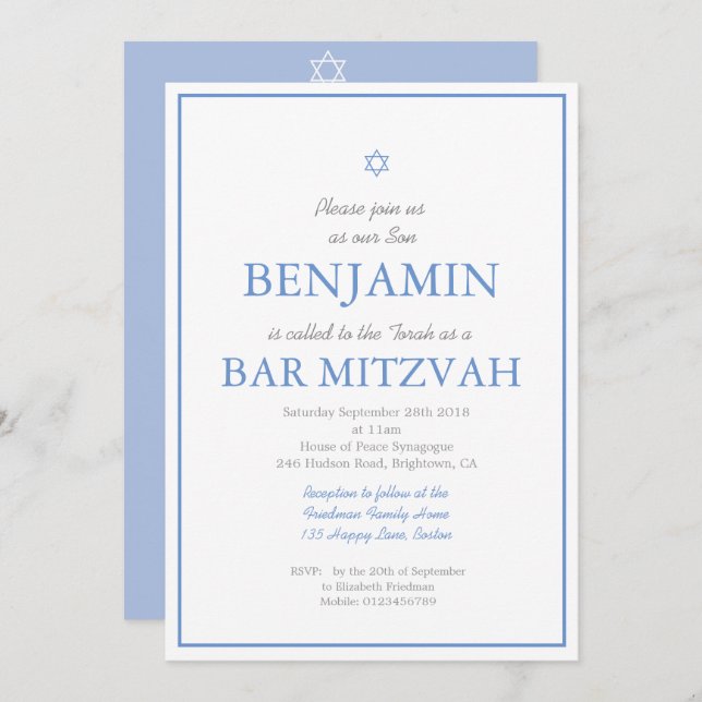 Bar Mitzvah Simple Elegant Stern von David Jewish Einladung (Vorne/Hinten)