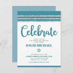 Bar Mitzvah Simple Modern Bold Aquamarin Silver Ta Begleitkarte