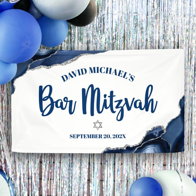 Bar Mitzvah Simple Modern Navy Blue Agate Script Banner (Von Creator hochgeladen)