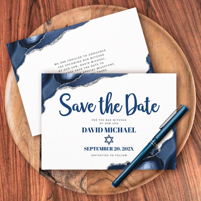 Bar Mitzvah Simple Modern Navy Blue Agate Script Save The Date (Von Creator hochgeladen)
