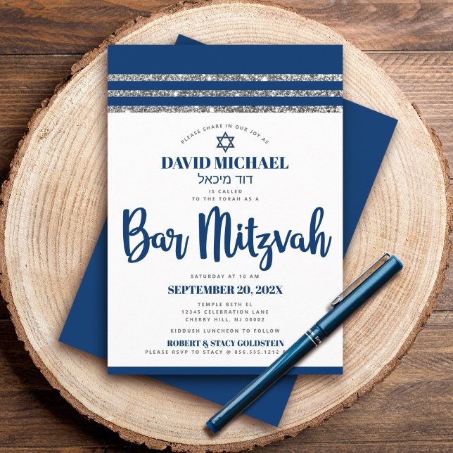 Bar Mitzvah Simple Modern Tallit Navy Blue Script Einladung (Von Creator hochgeladen)