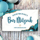 Bar Mitzvah Simple Modern Turquoise Agate Script Banner<br><div class="desc">Seien Sie stolz, freuen Sie sich und präsentieren Sie diesen Meilenstein Ihres Lieblings-Bar Mitzvah! Hänge diesen coolen, einzigartigen, modernen, personalisierten Banner auf, um seinen besonderen Tag zu ergänzen. Dunkelblaue Schrift-Typografie und ein Imitat goldener Star von David überlagern einen schlichten, weißen Hintergrund mit türkisblauen Agitierfelsen, die mit Imitaten goldenen Adern betont...</div>