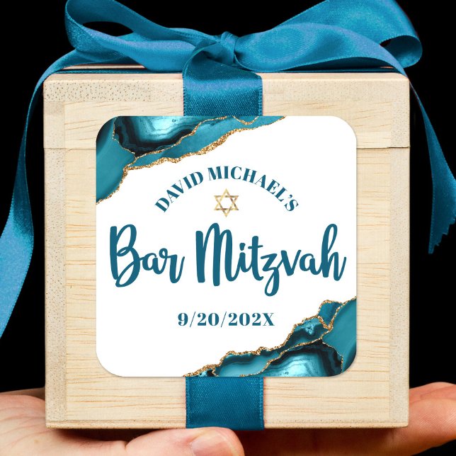 Bar Mitzvah Simple Modern Turquoise Agate Script Quadratischer Aufkleber (Von Creator hochgeladen)