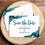 Bar Mitzvah Simple Modern Turquoise Agate Script Save The Date<br><div class="desc">Achten Sie darauf, dass alle Ihre Freunde und Verwandten den Meilenstein Ihres Sohnes Bar Mitzvah feiern können! Versenden Sie diese coole, einzigartige, moderne, personalisierte "Save the Date" Anzeigenkarte. Dunkle aquamarine Schrift Typografie und ein Imitat goldener Star von David überlagern einen schlichten, weißen Hintergrund mit türkisblauen agate Felsen mit goldenen Imitaten...</div>