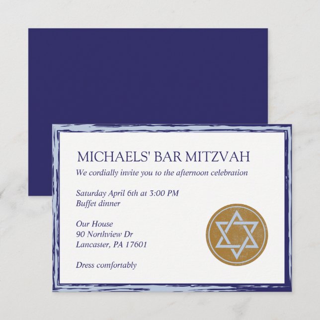 Bar Mitzvah sind kiddish Kartenblau und -gold in Einladung (Vorne/Hinten)