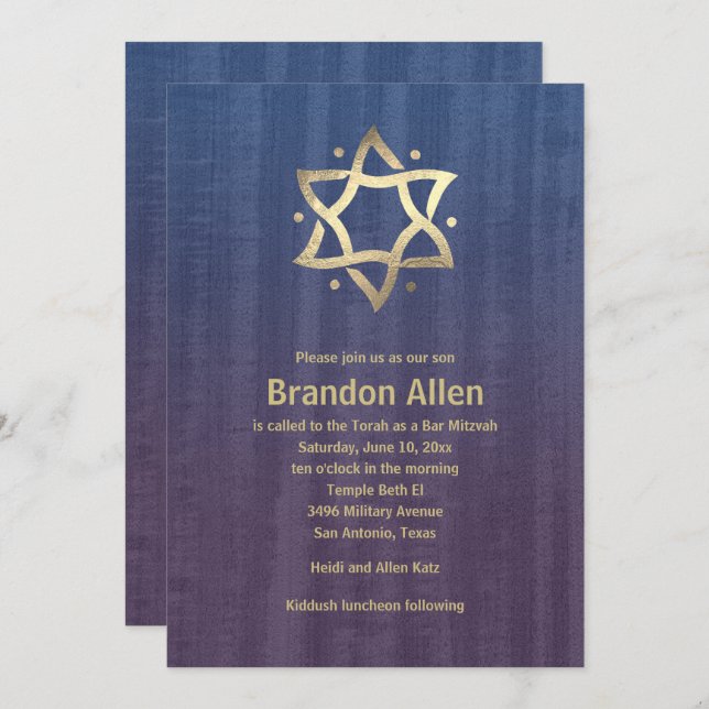 Bar Mitzvah Stainted Wood Blue Plum Gold Star Einladung (Vorne/Hinten)