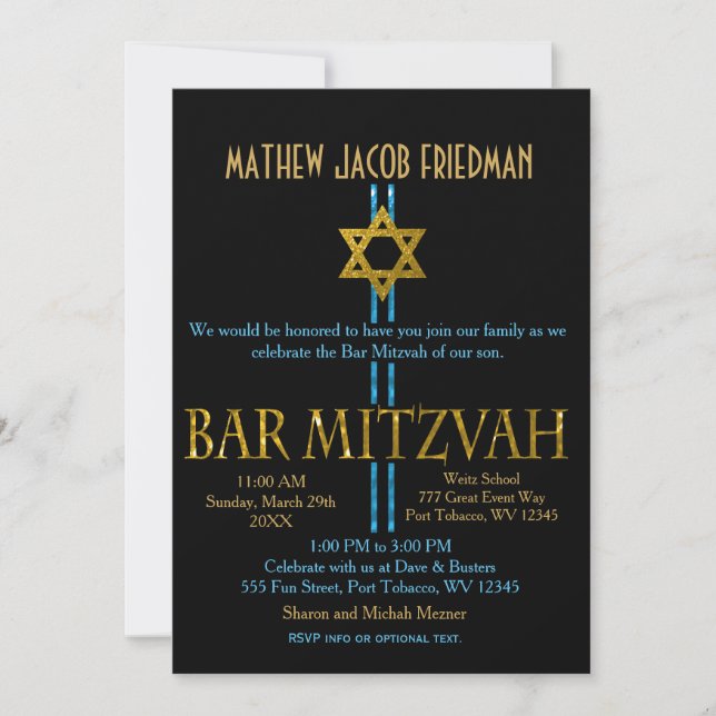 Bar Mitzvah | Star of David | Schwarz Einladung (Vorderseite)