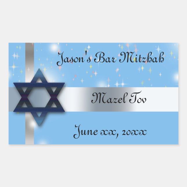Bar Mitzvah, Star von David, Blau und Silber Rechteckiger Aufkleber (Vorderseite)