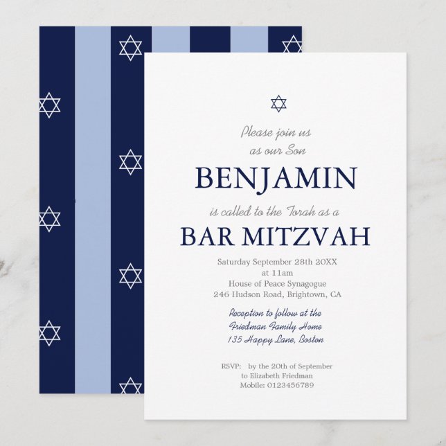 Bar Mitzvah Star von David Jewish Blue Stripe Invi Einladung (Vorne/Hinten)