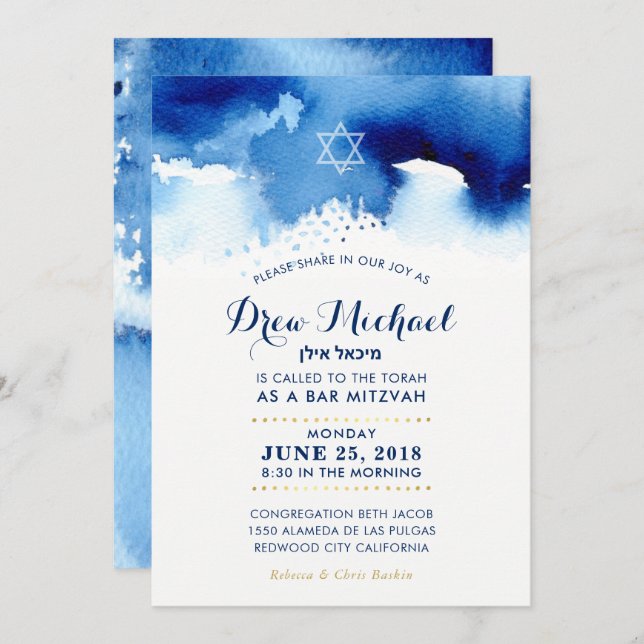 BAR MITZVAH Stern Modernblau Aquarell einladen Einladung (Vorne/Hinten)