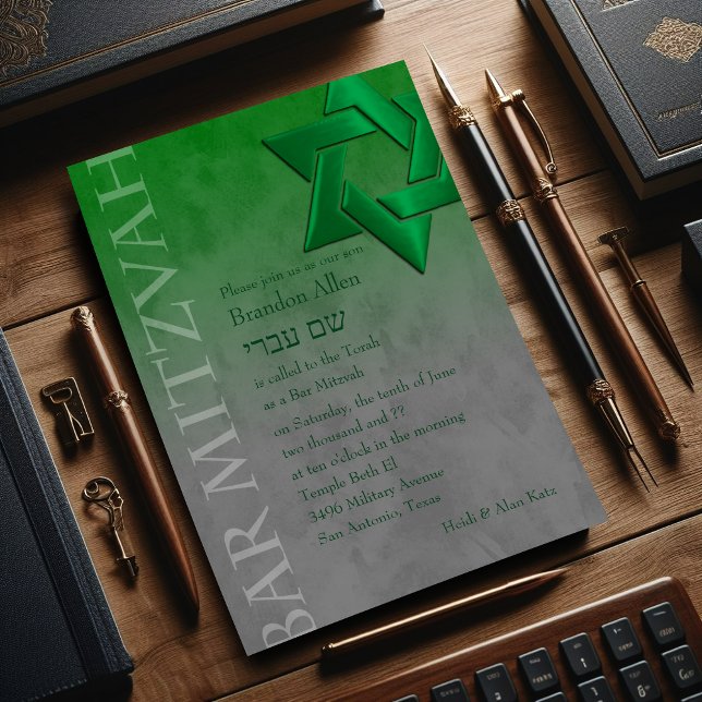 Bar Mitzvah Stylish Green Star von David Ombre Einladung (Von Creator hochgeladen)