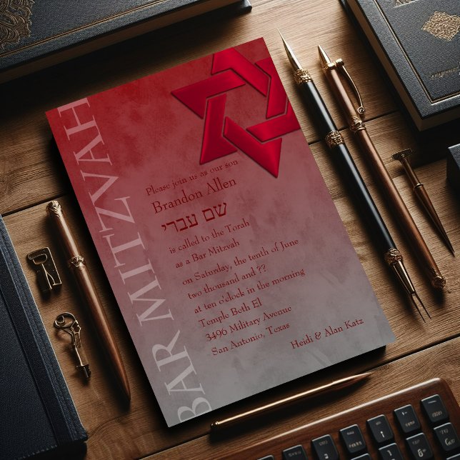 Bar Mitzvah Stylish Red Star von David Ombre Einladung (Von Creator hochgeladen)