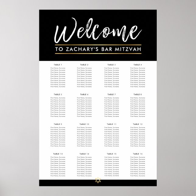 BAR MITZVAH TABLE PLAN 16 Tische modern schwarz Poster (Vorne)