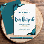 Bar Mitzvah Turquoise Agate Script Hebräischer Nam Einladung<br><div class="desc">Seien Sie stolz, freuen Sie sich und präsentieren Sie diesen Meilenstein Ihres Lieblings-Bar Mitzvah! Versenden Sie diese coole, einzigartige, moderne, personalisierte, hebräische Namensaufforderung für eine Veranstaltung, an die Sie sich erinnern können. Dunkle aquamarine blaue Schrift Typografie und Imitate goldener Star von David überlagern einen schlichten, weißen Hintergrund mit türkisblauem Age...</div>