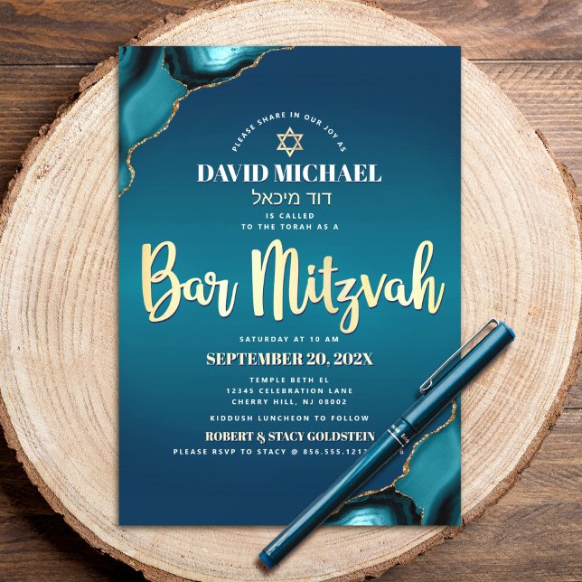 Bar Mitzvah Turquoise Ombre Agate Gold Skript Bold Einladung (Von Creator hochgeladen)