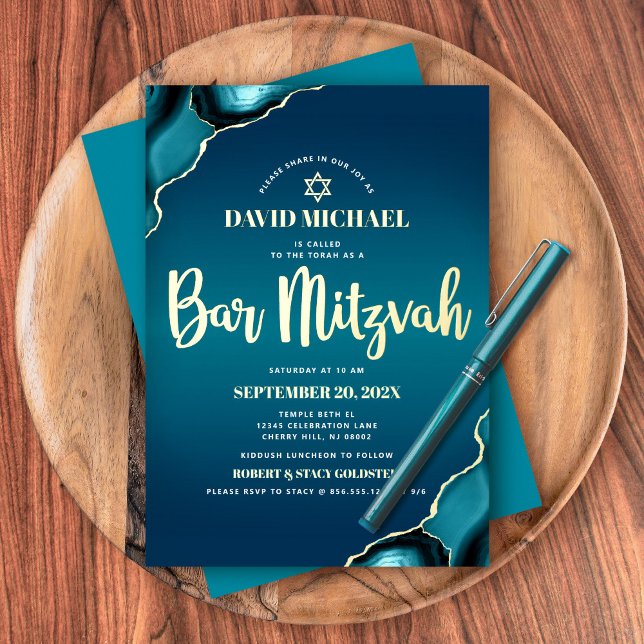 Bar Mitzvah Turquoise Ombre Agate Script Real Gold Folieneinladung (Von Creator hochgeladen)