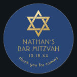 Bar Mitzvah Vielen Dank Navy Blue Gold Star von Da Runder Aufkleber<br><div class="desc">Elegante moderne Blau-und Gold Klassiker Bar mitzvah "danke" personalisierte Aufkleber mit individuelle Name,  Datum und Star of David.</div>