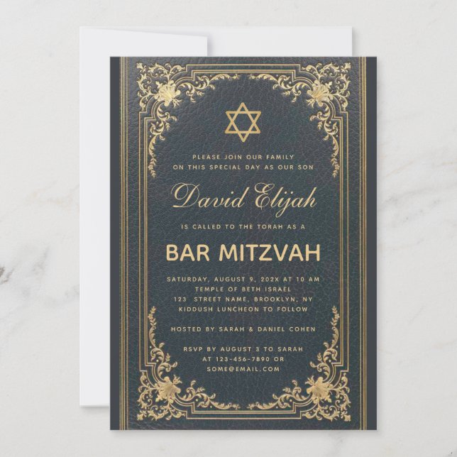 Bar Mitzvah Vintag Elegant Gold Star Dunkelblau Einladung (Vorderseite)